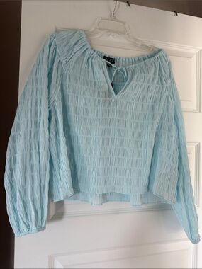 J. Crew Pale Blue Smocked Peasant Top with Tie Neck